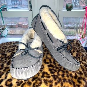 Grey Minnetonka Moccasin Slippers